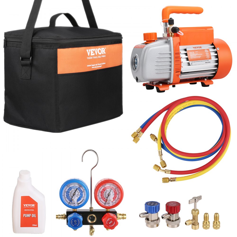 VEVOR 1/5 HP Single Stage Vacuum Pump, 3.5 CFM, 120V AC Air Conditioning Conditioner Vacuum Pump, 1/4" SAE Male 1/2" ACME Male Inlet, for HVAC Repair, Refrigeration Maintenance, Resin Degassing 