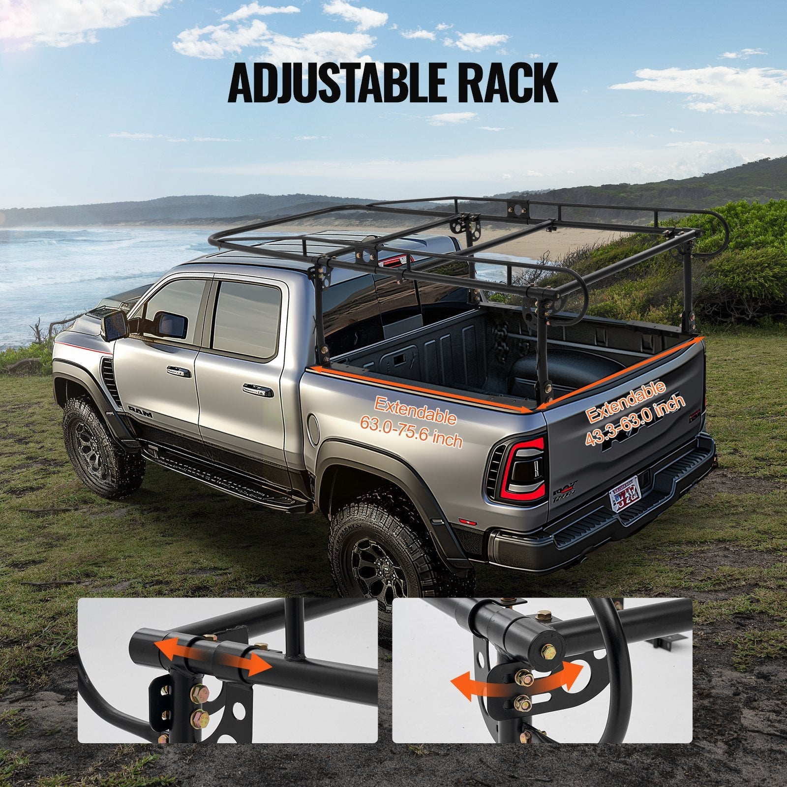 VEVOR Truck Rack Pick up Ladder Rack 1000lbs Capacity 43.3"-63" Width for Lumber 