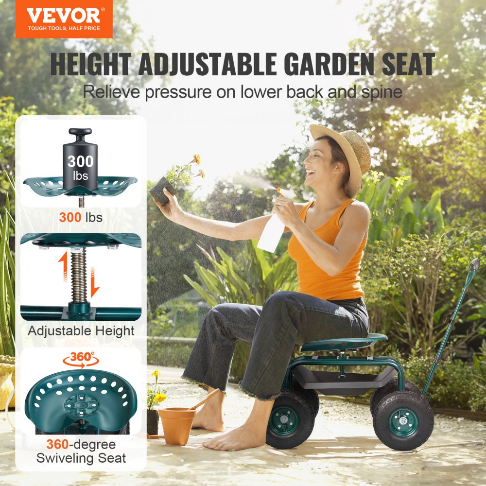 VEVOR Garden Cart Rolling Workseat with Wheels, Gardening Stool for Planting, 360 Degree Swivel Seat, Wagon Scooter with Steering Handle & Utility Tool Tray, Use for Patio, Yard, and Outdoors, Green 