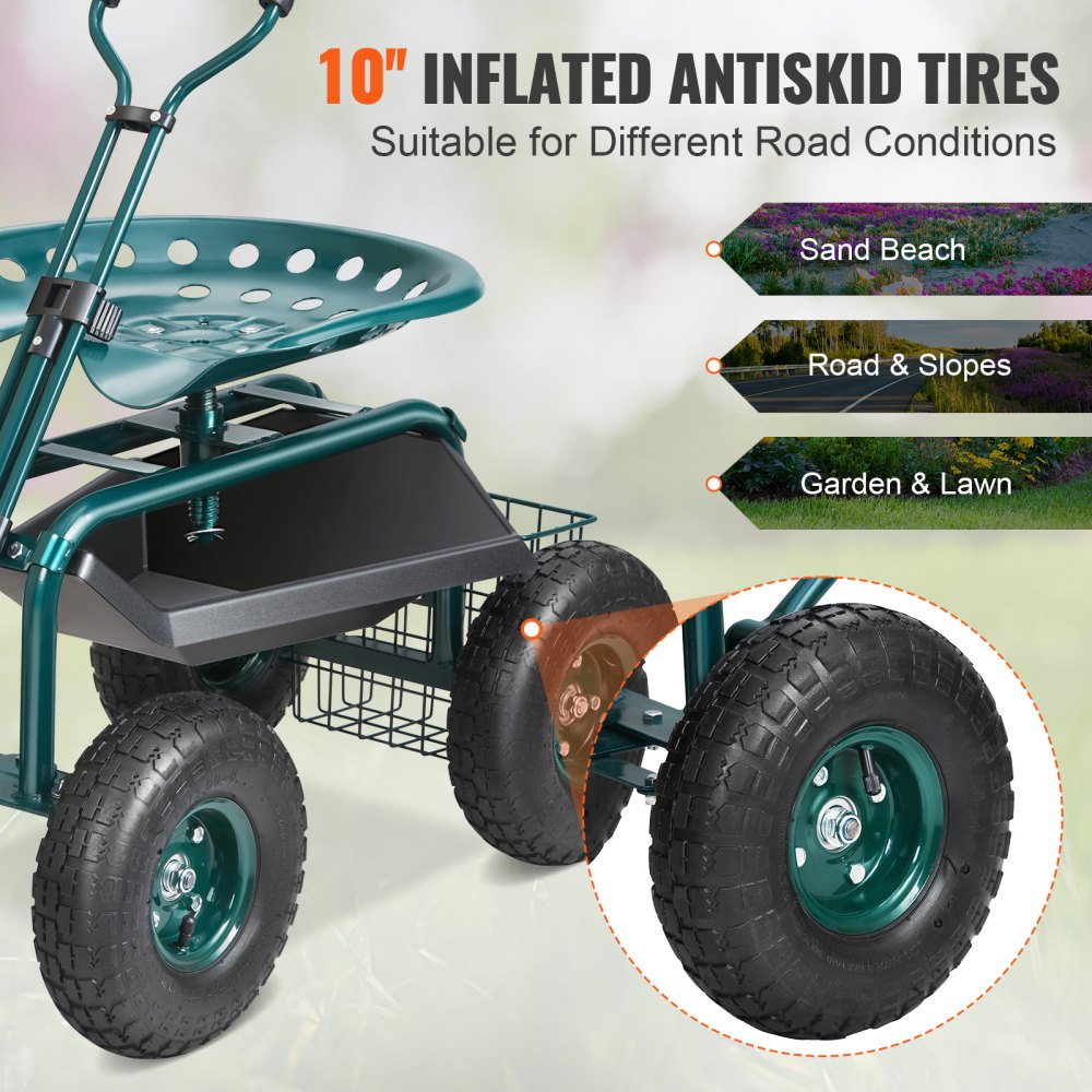 VEVOR Garden Cart Rolling Workseat with Wheels, Gardening Stool for Planting, 360 Degree Swivel Seat, Wagon Scooter with Steering Handle & Utility Tool Tray, Use for Patio, Yard, and Outdoors, Green 