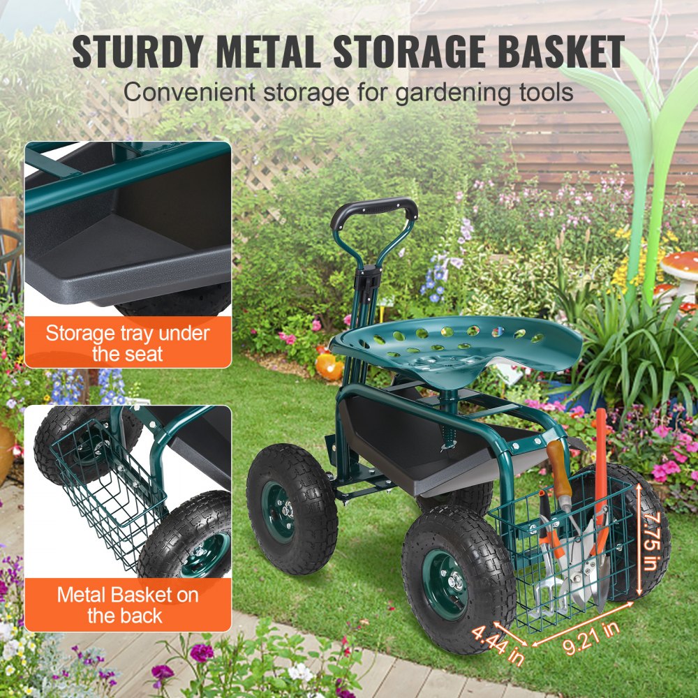 VEVOR Garden Cart Rolling Workseat with Wheels, Gardening Stool for Planting, 360 Degree Swivel Seat, Wagon Scooter with Steering Handle & Utility Tool Tray, Use for Patio, Yard, and Outdoors, Green 