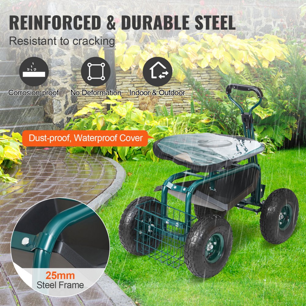 VEVOR Garden Cart Rolling Workseat with Wheels, Gardening Stool for Planting, 360 Degree Swivel Seat, Wagon Scooter with Steering Handle & Utility Tool Tray, Use for Patio, Yard, and Outdoors, Green 