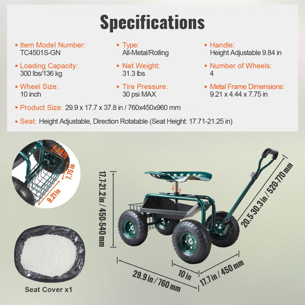 VEVOR Garden Cart Rolling Workseat with Wheels, Gardening Stool for Planting, 360 Degree Swivel Seat, Wagon Scooter with Steering Handle & Utility Tool Tray, Use for Patio, Yard, and Outdoors, Green 