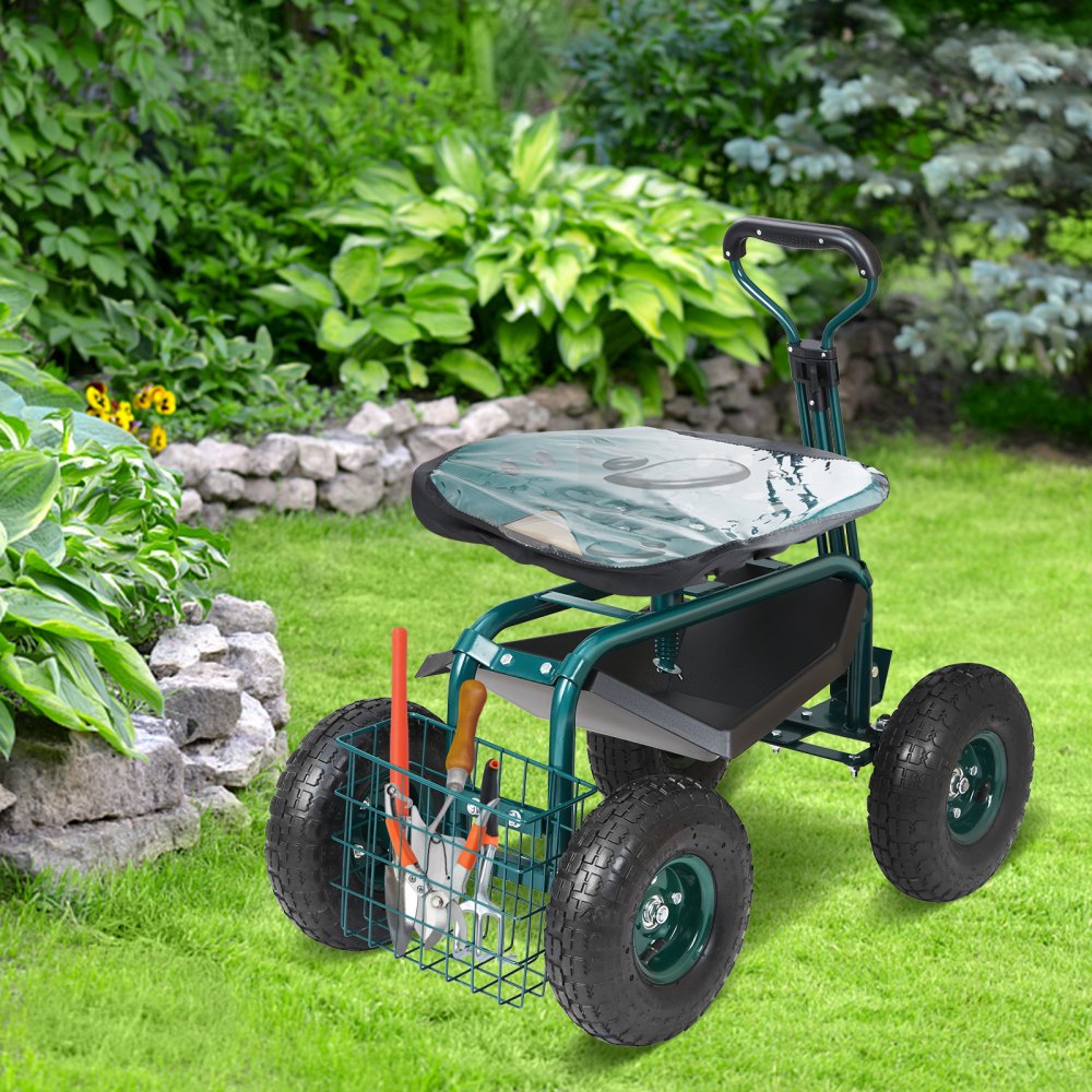 VEVOR Garden Cart Rolling Workseat with Wheels, Gardening Stool for Planting, 360 Degree Swivel Seat, Wagon Scooter with Steering Handle & Utility Tool Tray, Use for Patio, Yard, and Outdoors, Green 