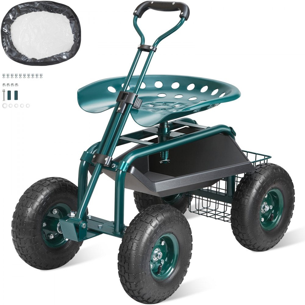 VEVOR Garden Cart Rolling Workseat with Wheels, Gardening Stool for Planting, 360 Degree Swivel Seat, Wagon Scooter with Steering Handle & Utility Tool Tray, Use for Patio, Yard, and Outdoors, Green 