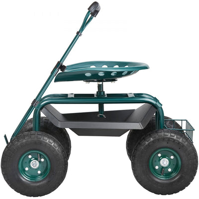 VEVOR Garden Cart Rolling Workseat with Wheels, Gardening Stool for Planting, 360 Degree Swivel Seat, Wagon Scooter with Steering Handle & Utility Tool Tray, Use for Patio, Yard, and Outdoors, Green 
