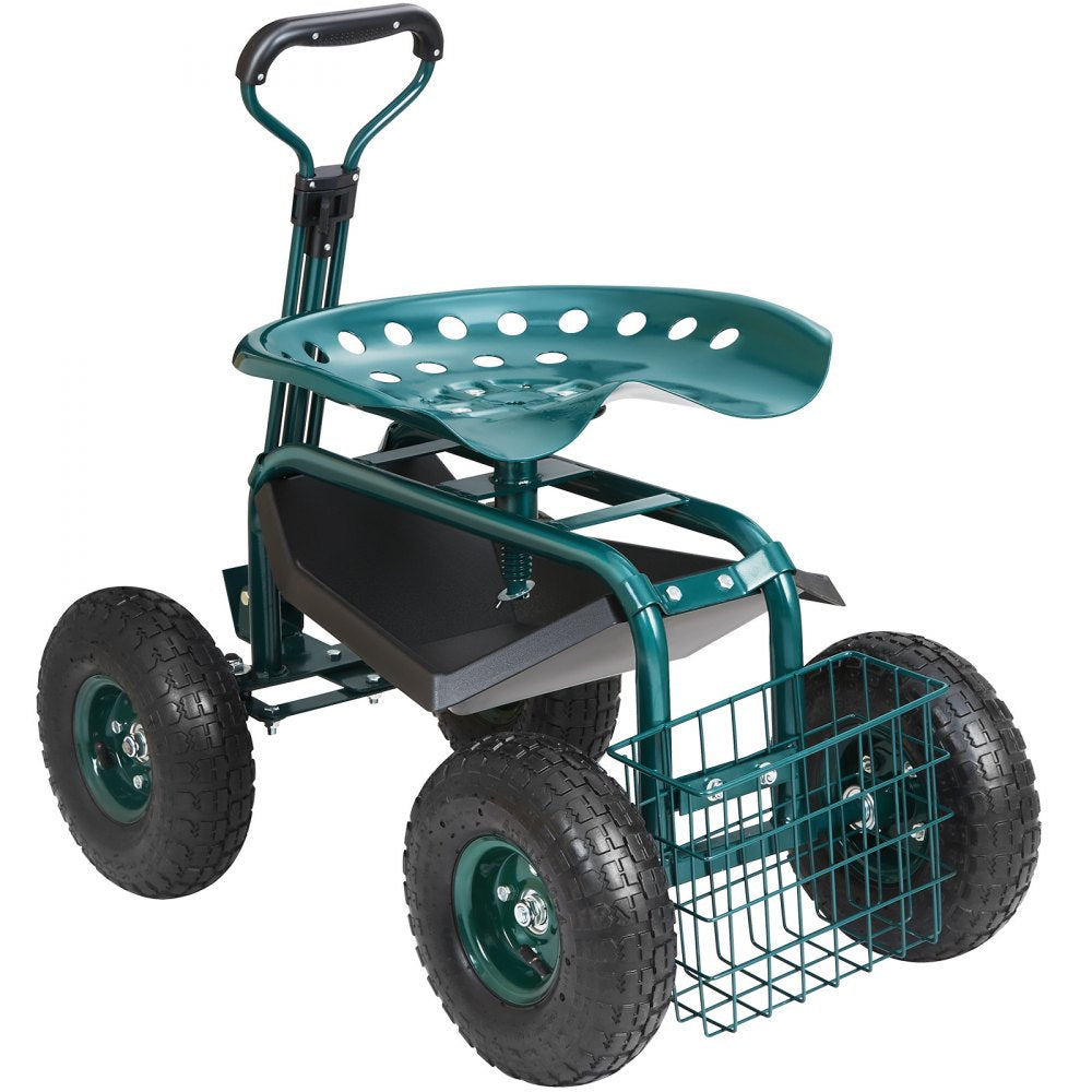 VEVOR Garden Cart Rolling Workseat with Wheels, Gardening Stool for Planting, 360 Degree Swivel Seat, Wagon Scooter with Steering Handle & Utility Tool Tray, Use for Patio, Yard, and Outdoors, Green 