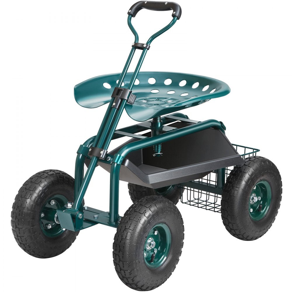 VEVOR Garden Cart Rolling Workseat with Wheels, Gardening Stool for Planting, 360 Degree Swivel Seat, Wagon Scooter with Steering Handle & Utility Tool Tray, Use for Patio, Yard, and Outdoors, Green 