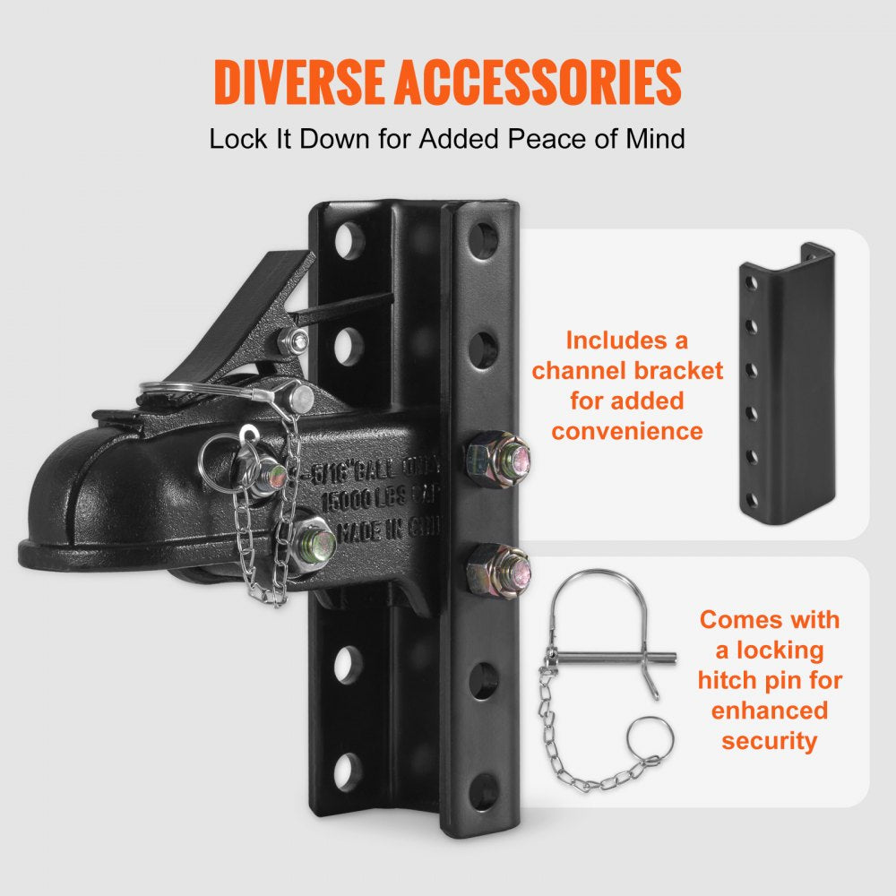 VEVOR Adjustable Trailer Coupler and 5-Position Channel Bracket Kit, 2-5/16" Hitch Ball, 15000 lbs Capacity, Heavy Duty Cast Channel-Mount Coupler, for Towing Camper, Pickup Truck, SUV, Black Coating 