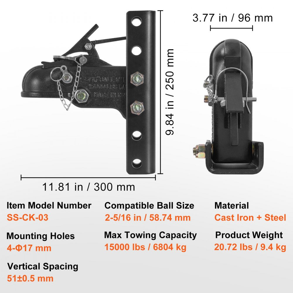 VEVOR Adjustable Trailer Coupler and 5-Position Channel Bracket Kit, 2-5/16" Hitch Ball, 15000 lbs Capacity, Heavy Duty Cast Channel-Mount Coupler, for Towing Camper, Pickup Truck, SUV, Black Coating 