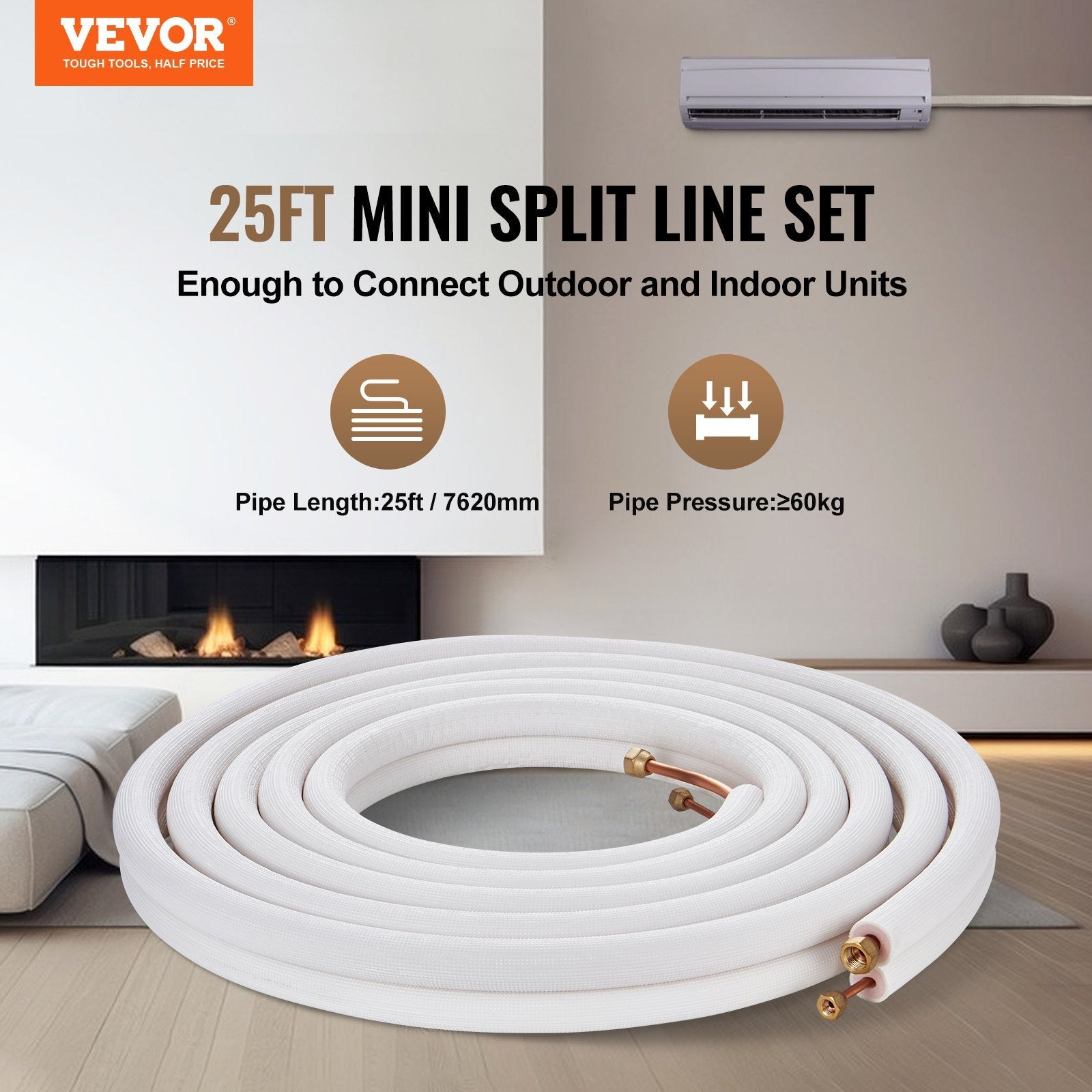VEVOR 25FT Mini Split Line Set, 1/4" & 3/8" O.D Copper Pipes Tubing and Triple-Layer Insulation, for Air Conditioning or Heating Pump Equipment & HVAC with Rich Accessories (27ft Connection Cable) 
