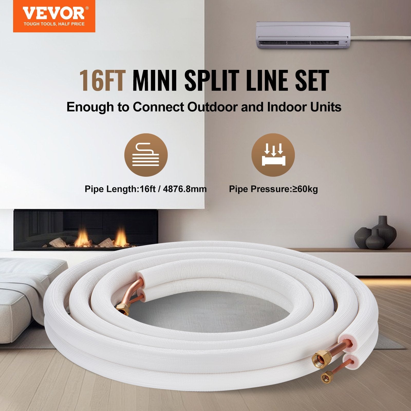 VEVOR 16FT Mini Split Line Set, 1/4" & 1/2" O.D Copper Pipes Tubing and Triple-Layer Insulation, for Air Conditioning or Heating Pump Equipment & HVAC with Rich Accessories (18ft Connection Cable) 