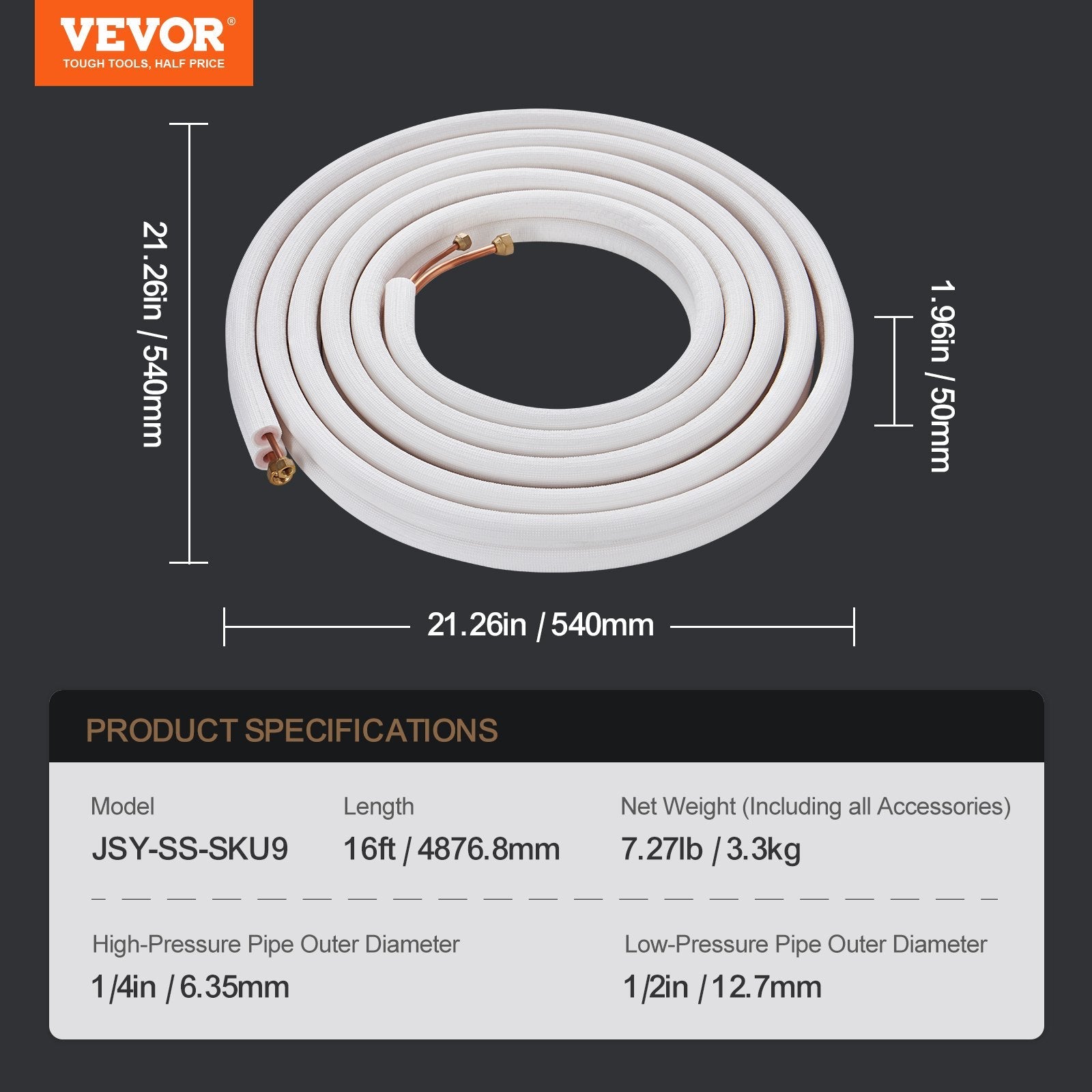 VEVOR 16FT Mini Split Line Set, 1/4" & 1/2" O.D Copper Pipes Tubing and Triple-Layer Insulation, for Air Conditioning or Heating Pump Equipment & HVAC with Rich Accessories (18ft Connection Cable) 