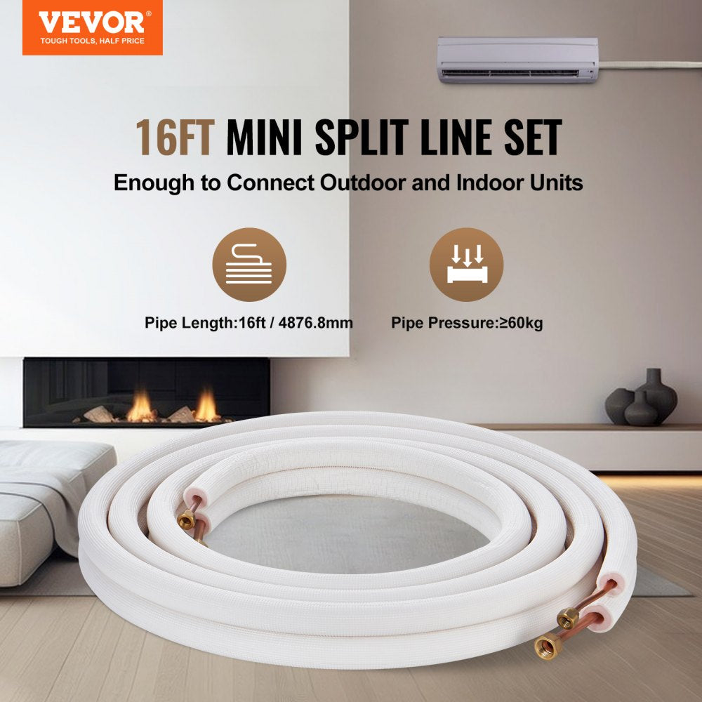 VEVOR 16FT Mini Split Line Set, 1/4" & 3/8" O.D Copper Pipes Tubing and Triple-Layer Insulation, for Air Conditioning or Heating Pump Equipment & HVAC with Rich Accessories (18ft Connection Cable) 
