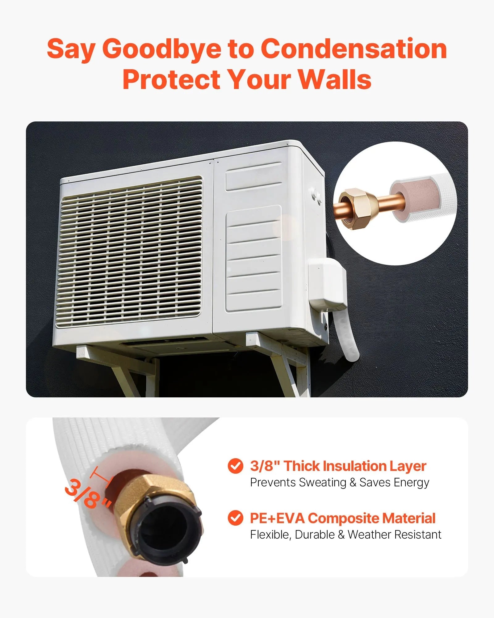 VEVOR 50ft Mini Split Line Set, 1/4” & 3/8” OD AC Copper Tubing Pipe, 3/8 White PE Thickened Insulated Coil with Flared Nuts, Strapping Tapes, for Mini Split Air Conditioner HVAC or Heat Pump System 