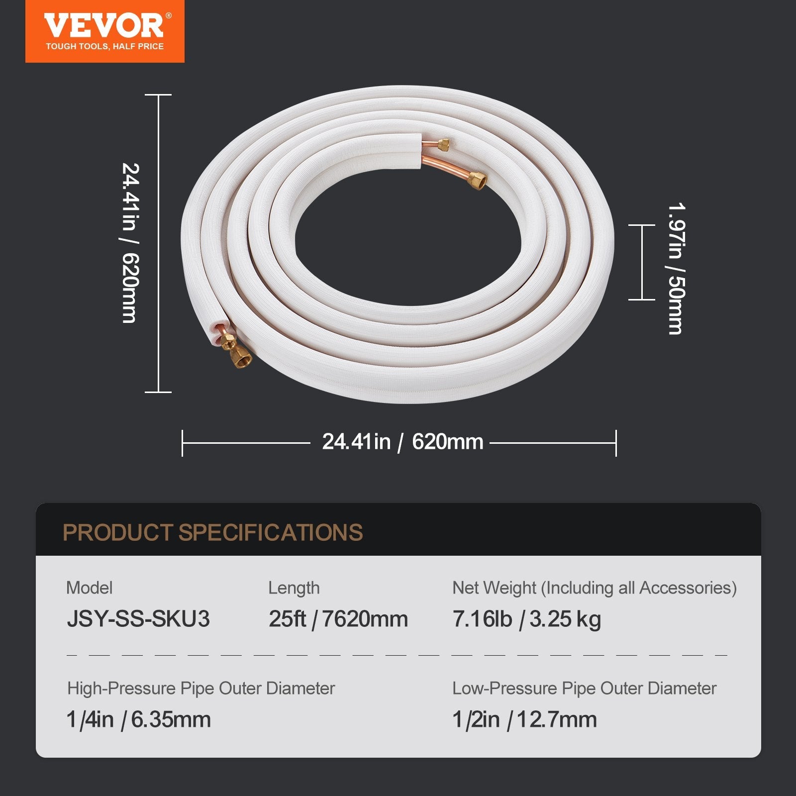 VEVOR 25FT Mini Split Line Set, 1/4" & 1/2" O.D Copper Pipes Tubing and Triple-Layer Insulation, for Mini Split Air Conditioning Refrigerant or Heating Pump Equipment & HVAC with Wrapping Strips. 