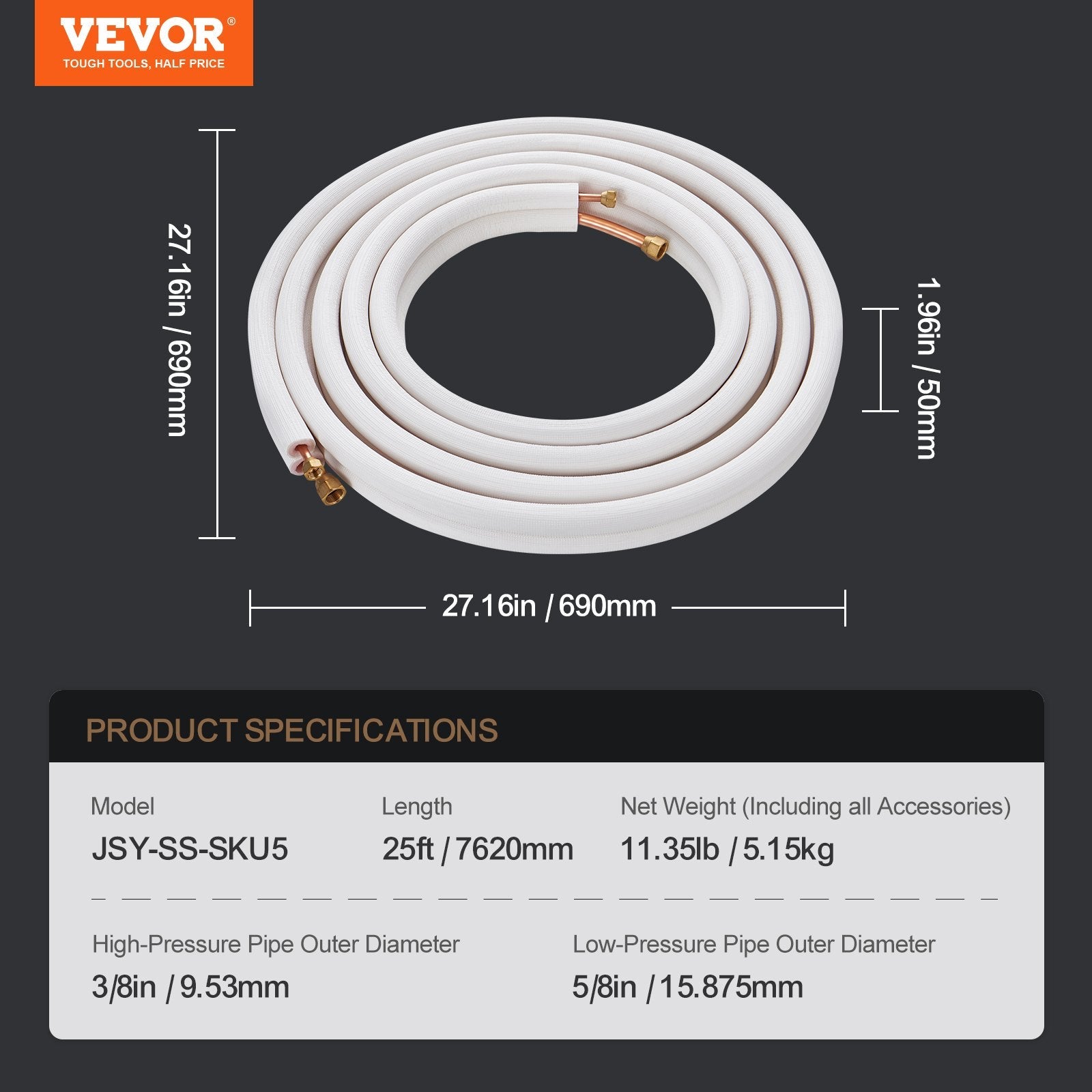VEVOR 25FT Mini Split Line Set, 3/8" & 5/8" O.D Copper Pipes Tubing and Triple-Layer Insulation, for Mini Split Air Conditioning Refrigerant or Heating Pump Equipment & HVAC with Wrapping Strips. 