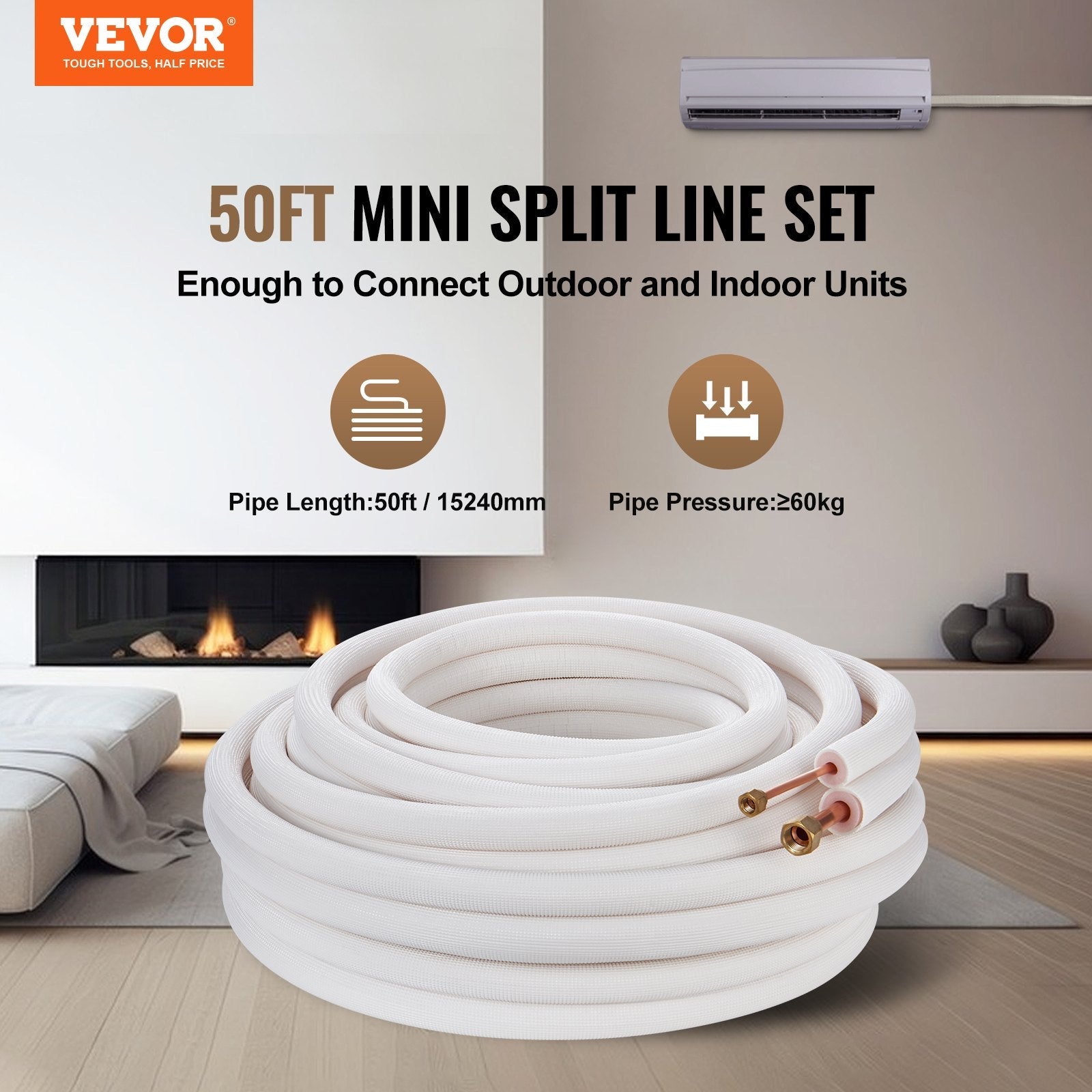 VEVOR 50FT Mini Split Line Set, 1/4" & 1/2" O.D Copper Pipes Tubing and Triple-Layer Insulation, for Mini Split Air Conditioning Refrigerant or Heating Pump Equipment & HVAC with Wrapping Strips. 
