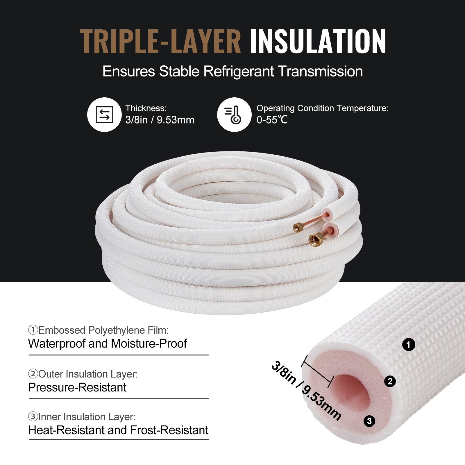 VEVOR 50FT Mini Split Line Set, 1/4" & 1/2" O.D Copper Pipes Tubing and Triple-Layer Insulation, for Mini Split Air Conditioning Refrigerant or Heating Pump Equipment & HVAC with Wrapping Strips. 