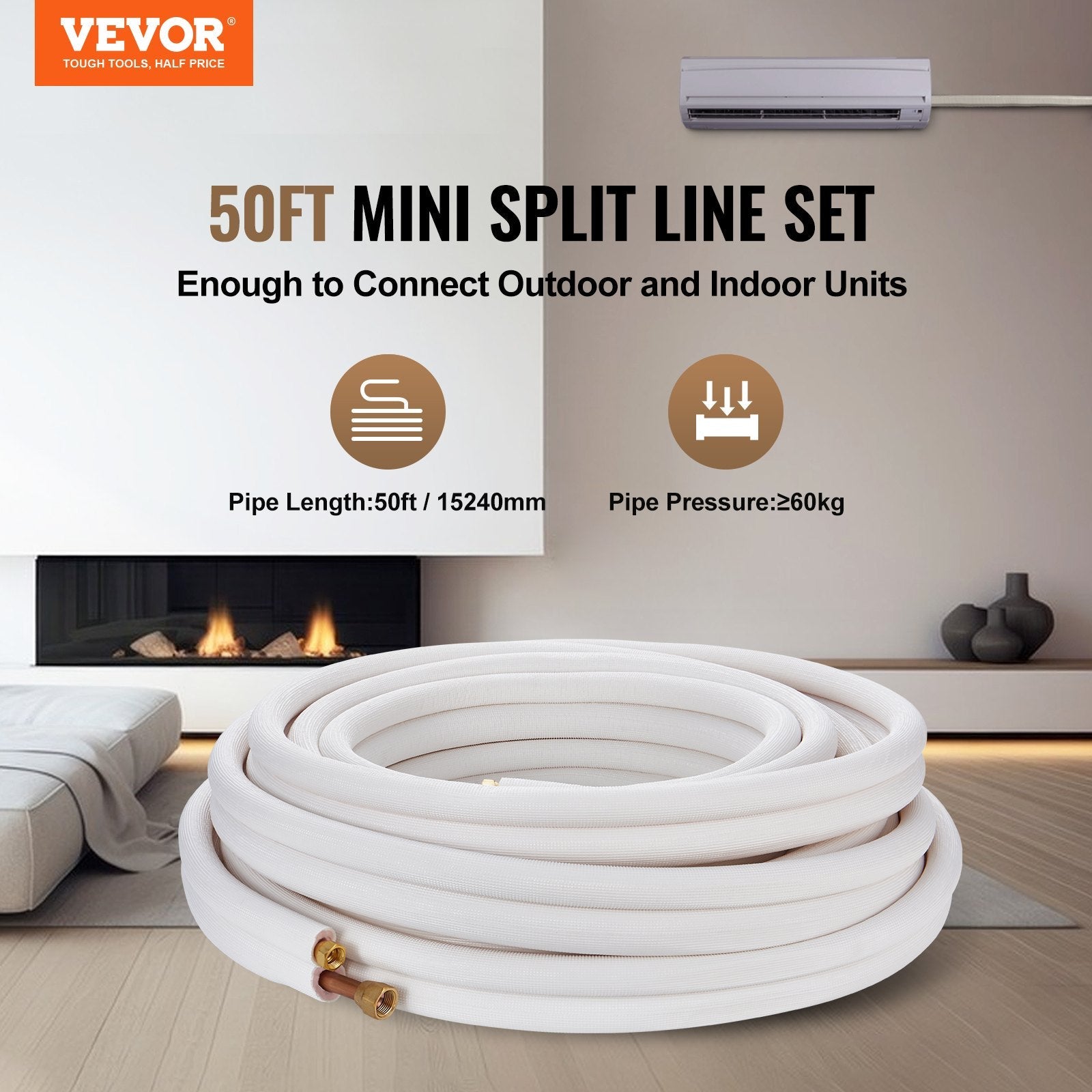 VEVOR 50FT Mini Split Line Set, 3/8" & 5/8" O.D Copper Pipes Tubing and Triple-Layer Insulation, for Mini Split Air Conditioning Refrigerant or Heating Pump Equipment & HVAC with Wrapping Strips. 