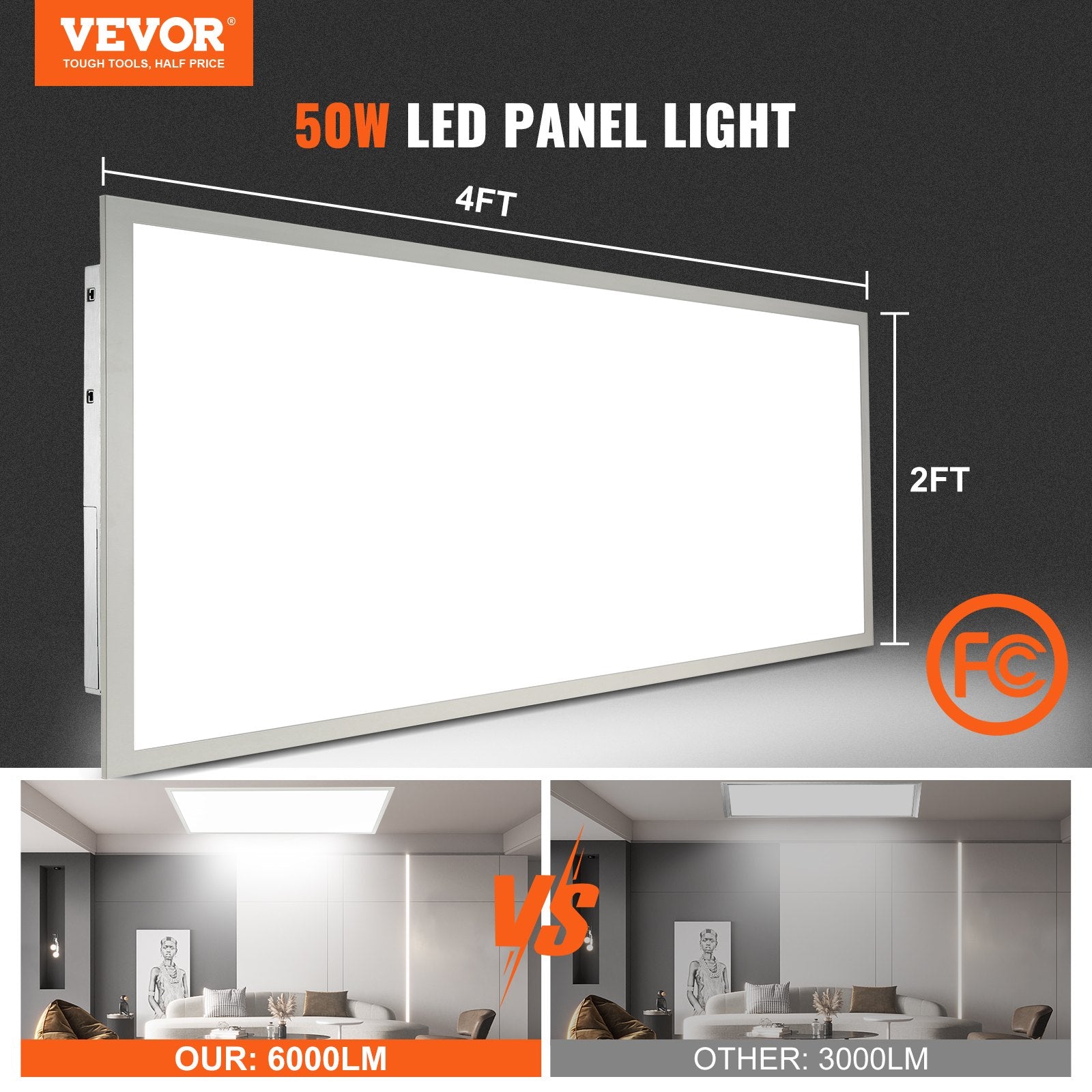 VEVOR 1 Pack 2x4 FT LED Flat Panel Light, 6000LM 50W, Surface Mount LED Drop Ceiling Light Fixture with Adjustable Color Temperature 3500K/4000K/5000K, Ultra Thin for Home Off Tested to UL Standards 