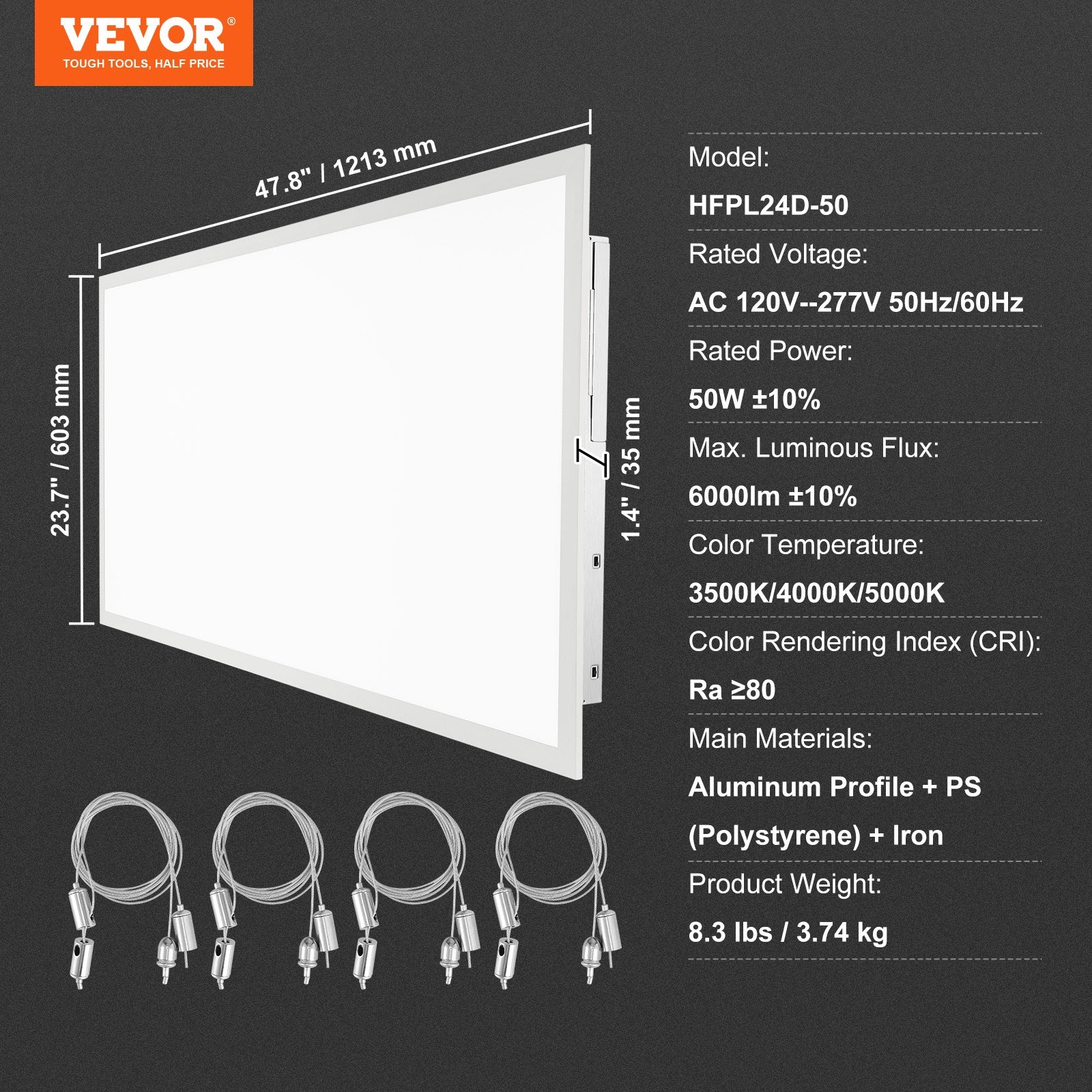 VEVOR 1 Pack 2x4 FT LED Flat Panel Light, 6000LM 50W, Surface Mount LED Drop Ceiling Light Fixture with Adjustable Color Temperature 3500K/4000K/5000K, Ultra Thin for Home Off Tested to UL Standards 
