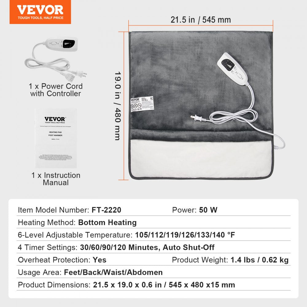 VEVOR Electric Heated Foot Warmer Soft Flannel Foot Heating Pad 21.5" x 19.0" 