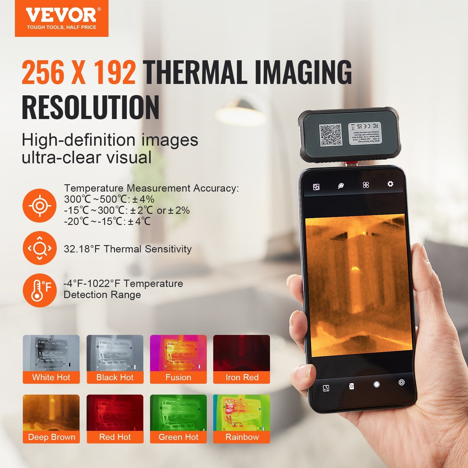 VEVOR Thermal Imaging Camera for Android, 256 x 192 IR Resolution Infrared Thermal Imager with Visual Camera, 25Hz Refresh Rate Thermal Camera for Smartphone/Tablet, -4-1022°F Temperature Range, IP54 