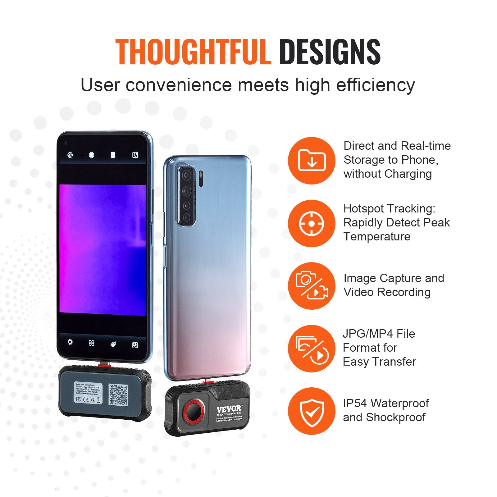 VEVOR Thermal Imaging Camera for Android, 256 x 192 IR Resolution Infrared Thermal Imager with Visual Camera, 25Hz Refresh Rate Thermal Camera for Smartphone/Tablet, -4-1022°F Temperature Range, IP54 