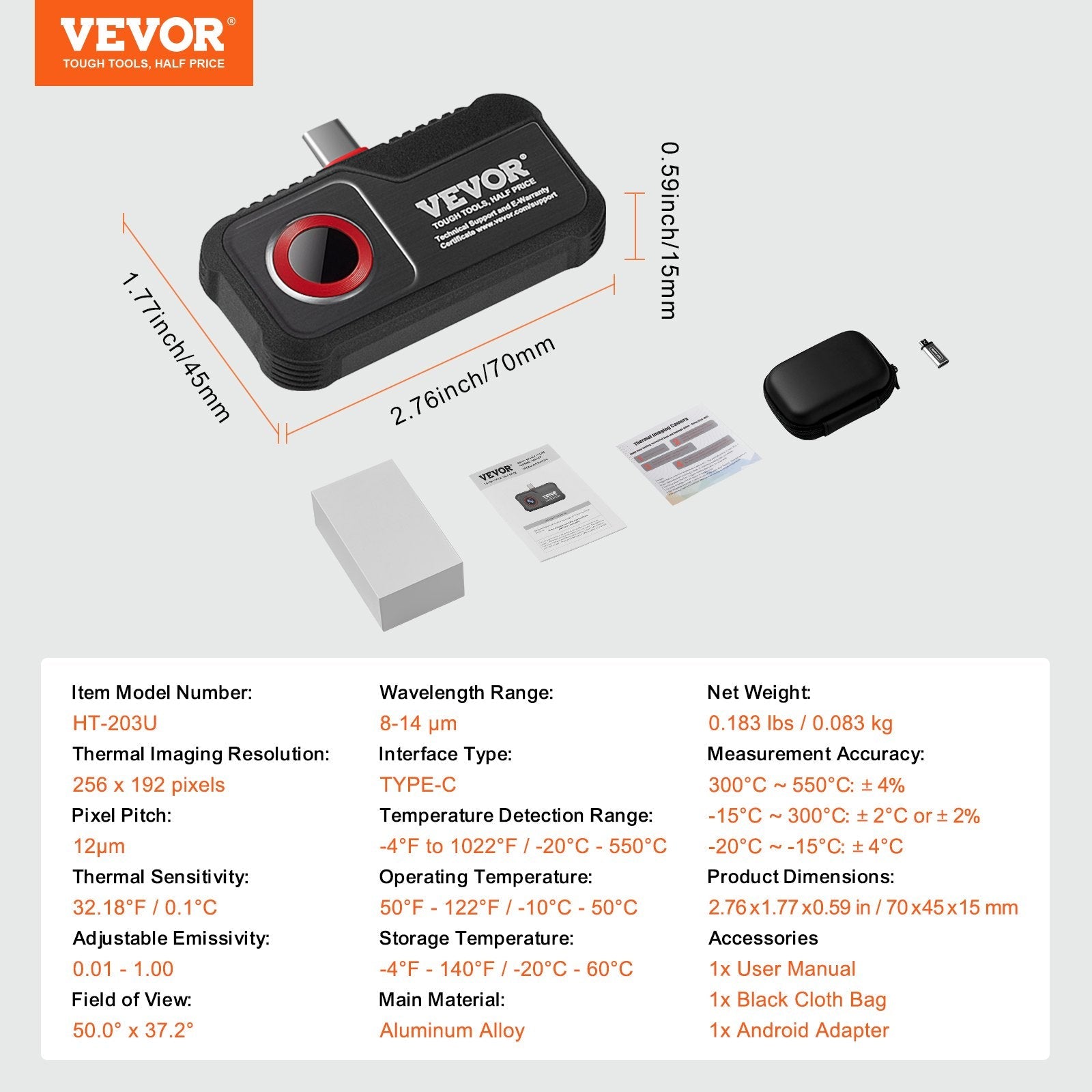 VEVOR Thermal Imaging Camera for Android, 256 x 192 IR Resolution Infrared Thermal Imager with Visual Camera, 25Hz Refresh Rate Thermal Camera for Smartphone/Tablet, -4-1022°F Temperature Range, IP54 