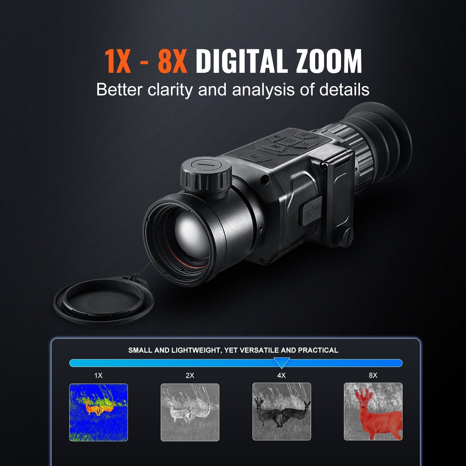 VEVOR Thermal Imager Monocular, 384x288 Resolution Hunting Imaging Telescope, IP54 Waterproof Thermal Camera with 1X -8X Zoom, 0.39" OLED Screen, 1400mAh High-capacity Battery 