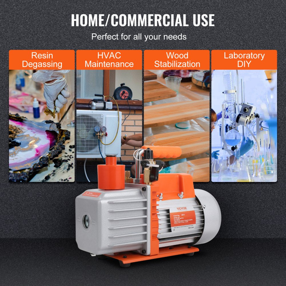 VEVOR 1/3 HP 2 Stage Rotary Vane Vacuum Pump, 5 CFM, 120V Air Conditioning Vacuum Pump, 1/4" SAE Male 3/8" SAE Male 1/2" ACME Male Inlet, for HVAC Repair, Refrigeration Maintenance, Resin Degassing 