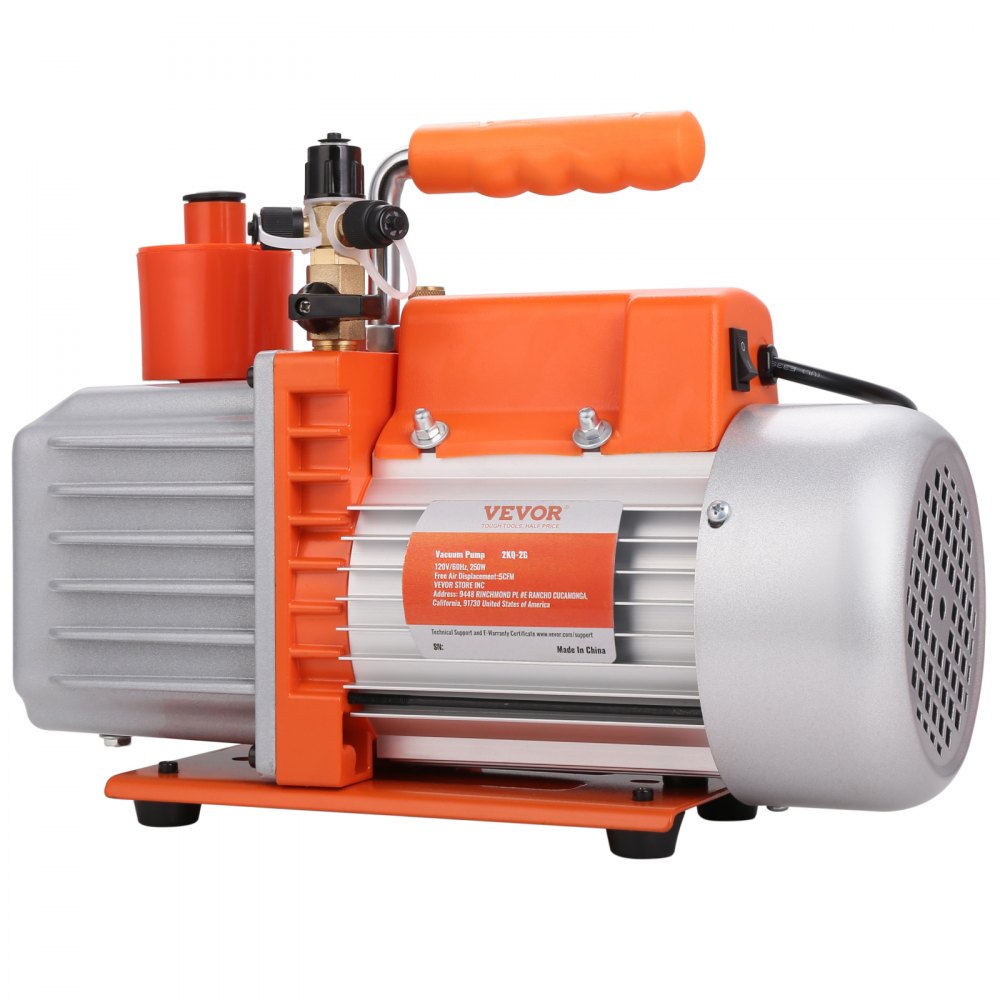 VEVOR 1/3 HP 2 Stage Rotary Vane Vacuum Pump, 5 CFM, 120V Air Conditioning Vacuum Pump, 1/4" SAE Male 3/8" SAE Male 1/2" ACME Male Inlet, for HVAC Repair, Refrigeration Maintenance, Resin Degassing 