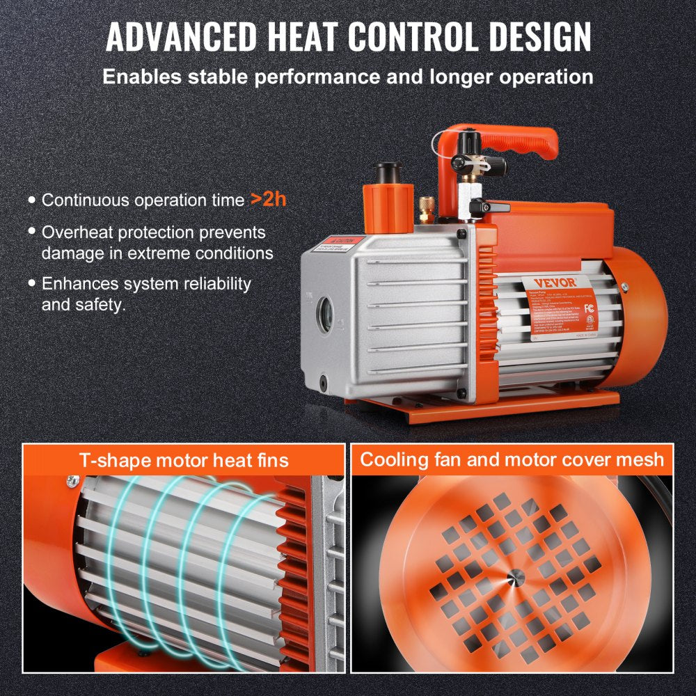 VEVOR 1/2 HP 2 Stage Rotary Vane Vacuum Pump, 5 CFM, 115V Air Conditioning Vacuum Pump, 1/4" SAE Male 3/8" SAE Male 1/2" ACME Male Inlet, for HVAC Repair, Refrigeration Maintenance, Resin Degassing 