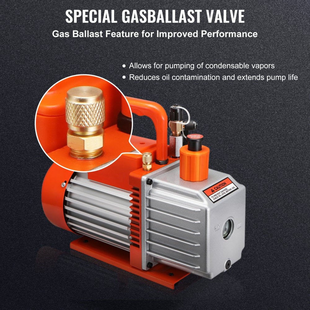 VEVOR 1/2 HP 2 Stage Rotary Vane Vacuum Pump, 5 CFM, 115V Air Conditioning Vacuum Pump, 1/4" SAE Male 3/8" SAE Male 1/2" ACME Male Inlet, for HVAC Repair, Refrigeration Maintenance, Resin Degassing 