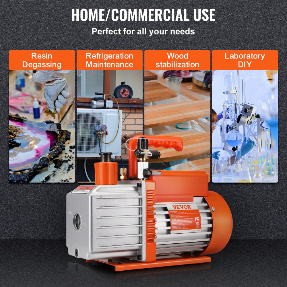 VEVOR 1/2 HP 2 Stage Rotary Vane Vacuum Pump, 5 CFM, 115V Air Conditioning Vacuum Pump, 1/4" SAE Male 3/8" SAE Male 1/2" ACME Male Inlet, for HVAC Repair, Refrigeration Maintenance, Resin Degassing 
