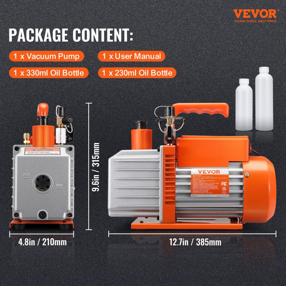 VEVOR 1/2 HP 2 Stage Rotary Vane Vacuum Pump, 5 CFM, 115V Air Conditioning Vacuum Pump, 1/4" SAE Male 3/8" SAE Male 1/2" ACME Male Inlet, for HVAC Repair, Refrigeration Maintenance, Resin Degassing 