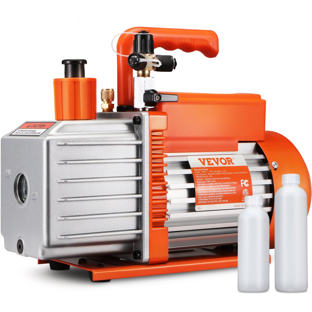 VEVOR 1/2 HP 2 Stage Rotary Vane Vacuum Pump, 5 CFM, 115V Air Conditioning Vacuum Pump, 1/4" SAE Male 3/8" SAE Male 1/2" ACME Male Inlet, for HVAC Repair, Refrigeration Maintenance, Resin Degassing 