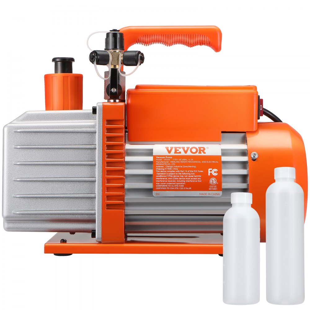 VEVOR 1/2 HP 2 Stage Rotary Vane Vacuum Pump, 5 CFM, 115V Air Conditioning Vacuum Pump, 1/4" SAE Male 3/8" SAE Male 1/2" ACME Male Inlet, for HVAC Repair, Refrigeration Maintenance, Resin Degassing 