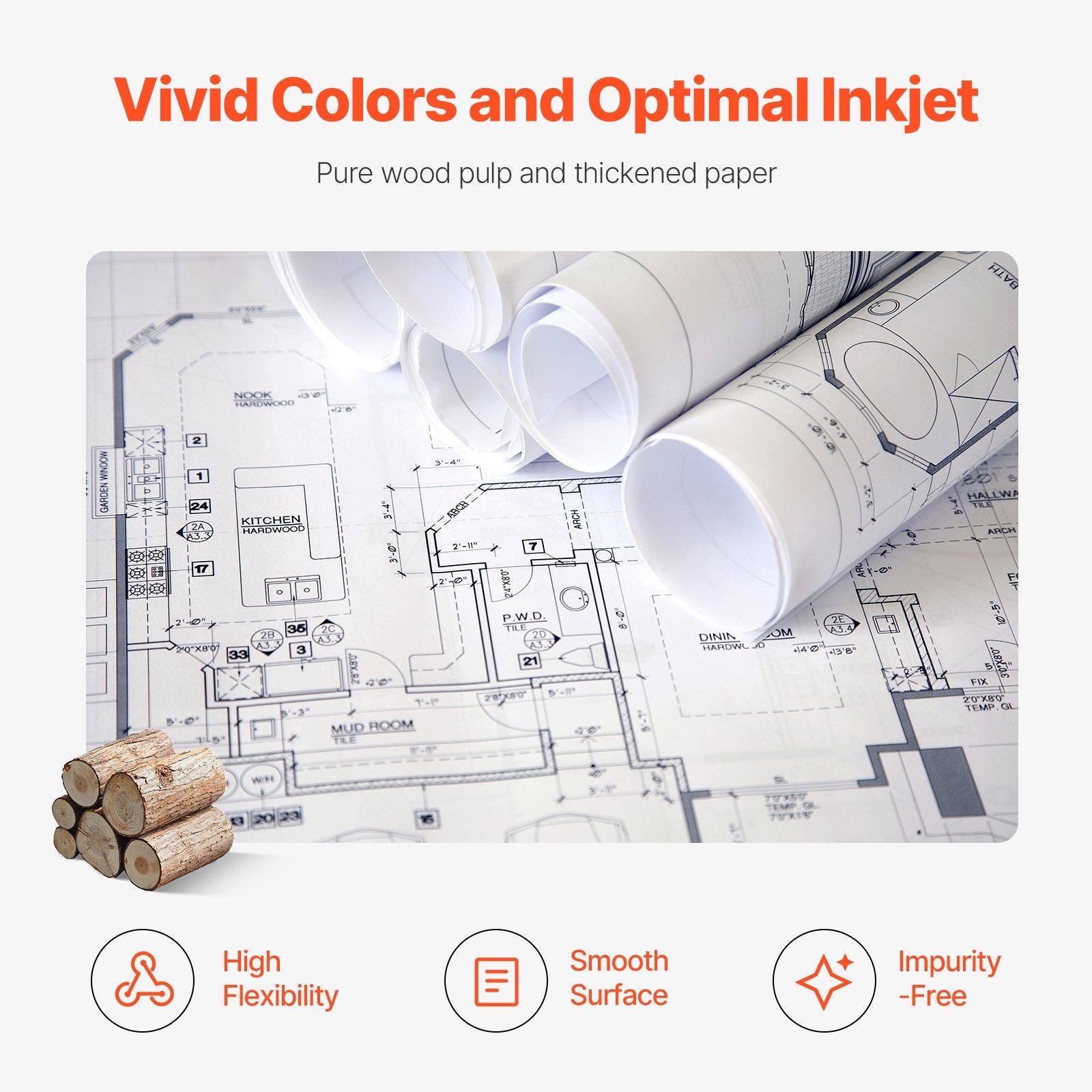 VEVOR Wide Format Paper Plotter Paper 4 Rolls 24 in x 150 ft CAD Bond Rolls 