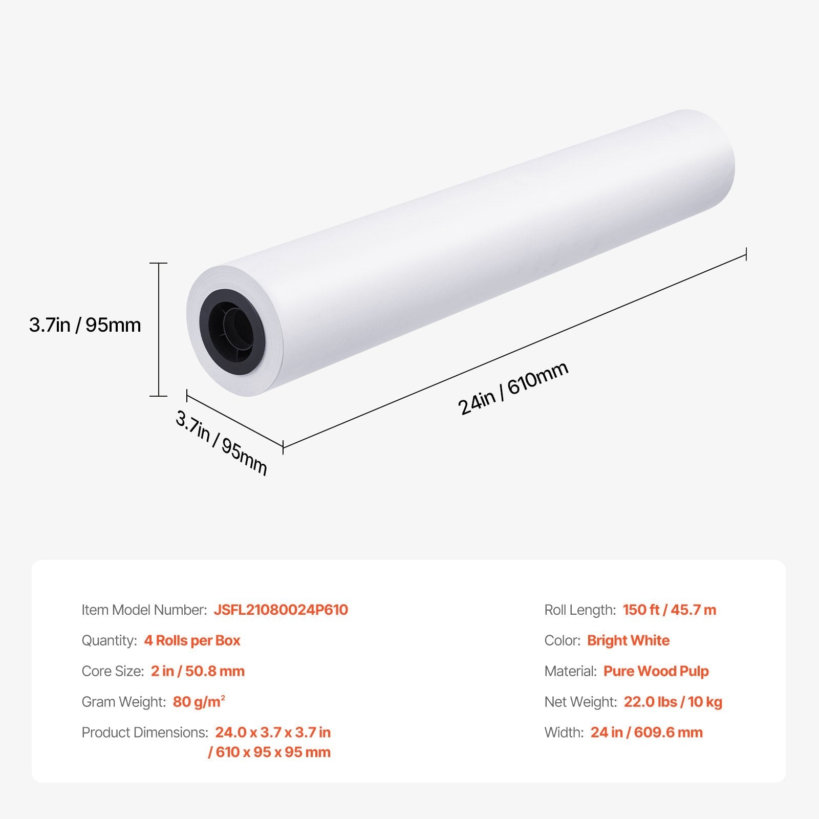 VEVOR Wide Format Paper Plotter Paper 4 Rolls 24 in x 150 ft CAD Bond Rolls 