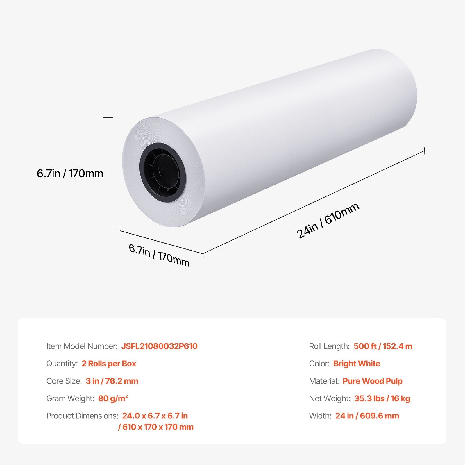 VEVOR Wide Format Paper Plotter Paper 2 Rolls 24 in x 500 ft CAD Bond Rolls 