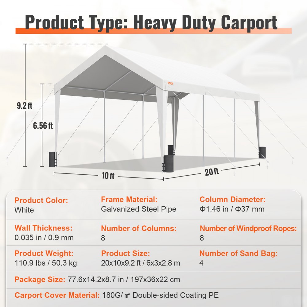 VEVOR Carport, Heavy Duty 10x20ft Car Canopy, Outdoor Garage Shelter with 8 Reinforced Poles and 4 Weighted Bags, UV Resistant Waterproof Portable Instant Car Garage Tent for Party Garden Boat, White 