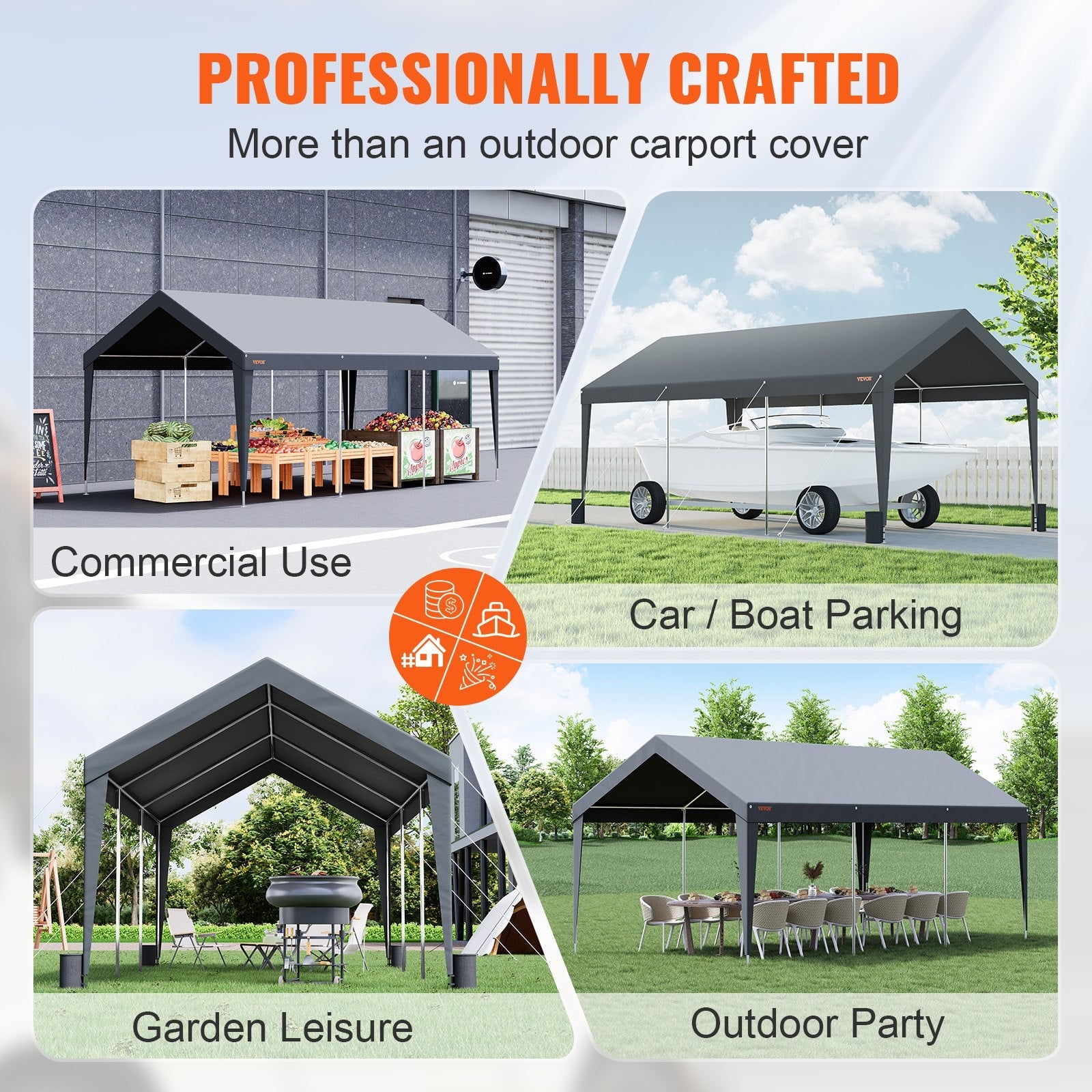 VEVOR Carport, Heavy Duty 10 x 20ft Car Canopy, Outdoor Garage Shelter with 8 Reinforced Poles and 4 Weighted Bags, UV Resistant Waterproof Instant Car Garage Tent for Party Garden Boat, Darkgray 