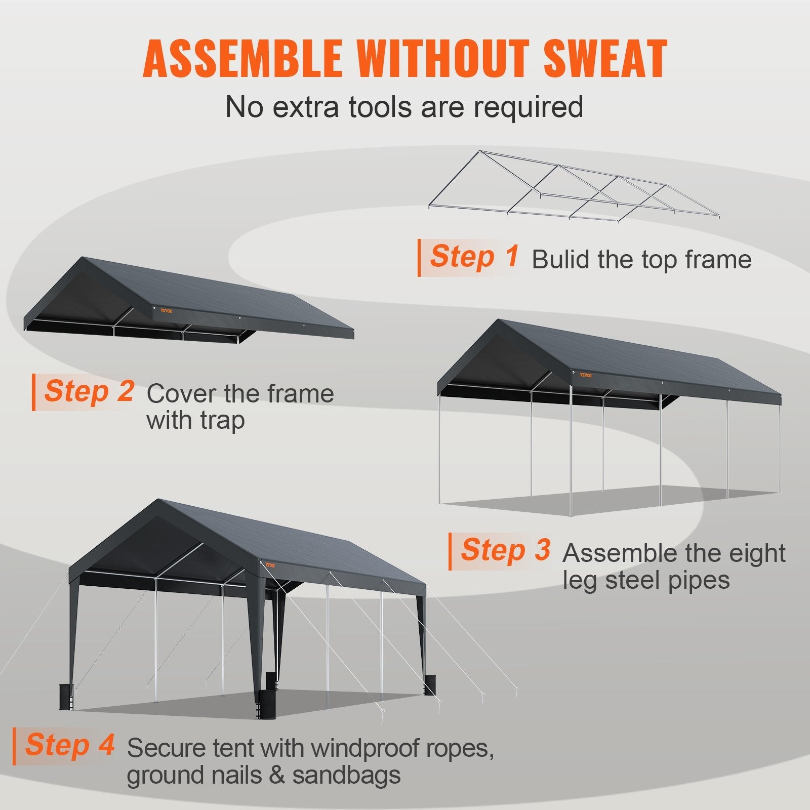 VEVOR Carport, Heavy Duty 10 x 20ft Car Canopy, Outdoor Garage Shelter with 8 Reinforced Poles and 4 Weighted Bags, UV Resistant Waterproof Instant Car Garage Tent for Party Garden Boat, Darkgray 