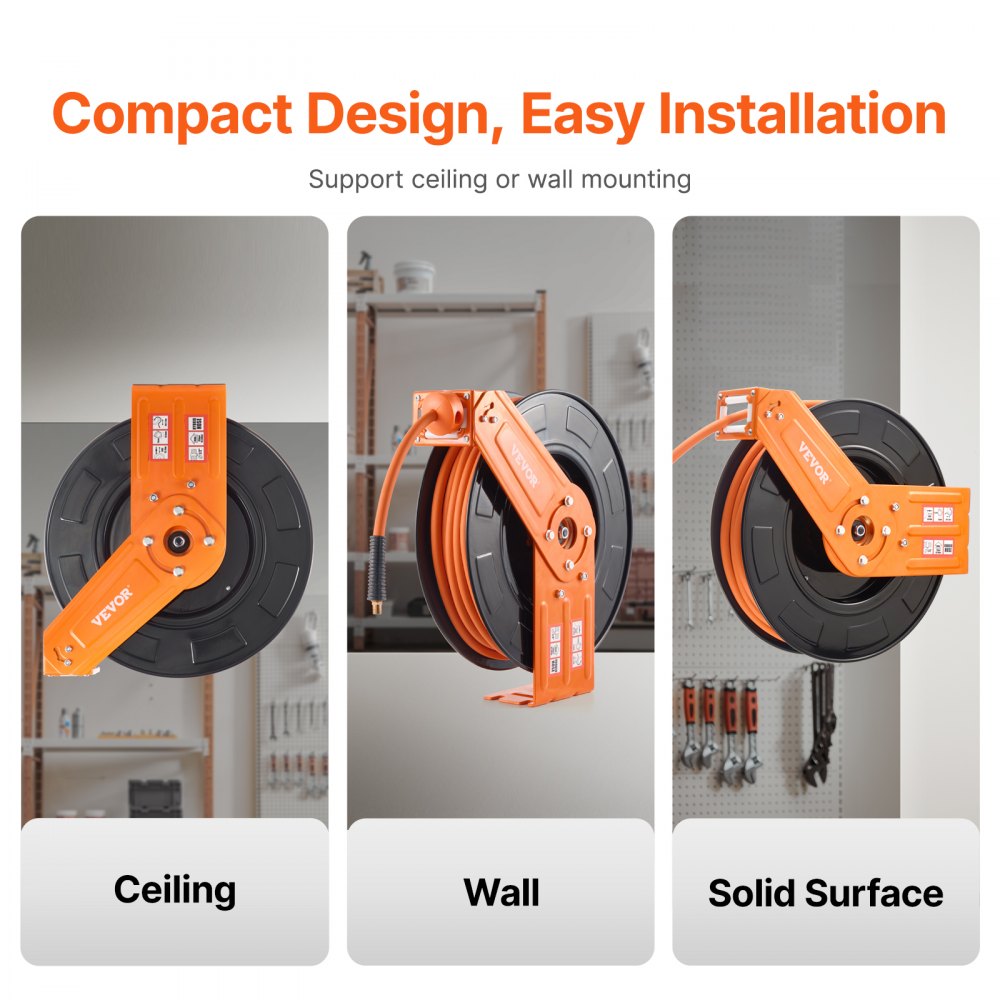 VEVOR Retractable Air Hose Reel 3/8 IN x 100 FT Rubber Air Hose Reel Max 300 PSI 