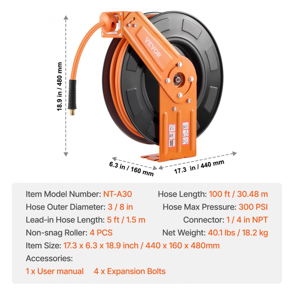 VEVOR Retractable Air Hose Reel 3/8 IN x 100 FT Rubber Air Hose Reel Max 300 PSI 