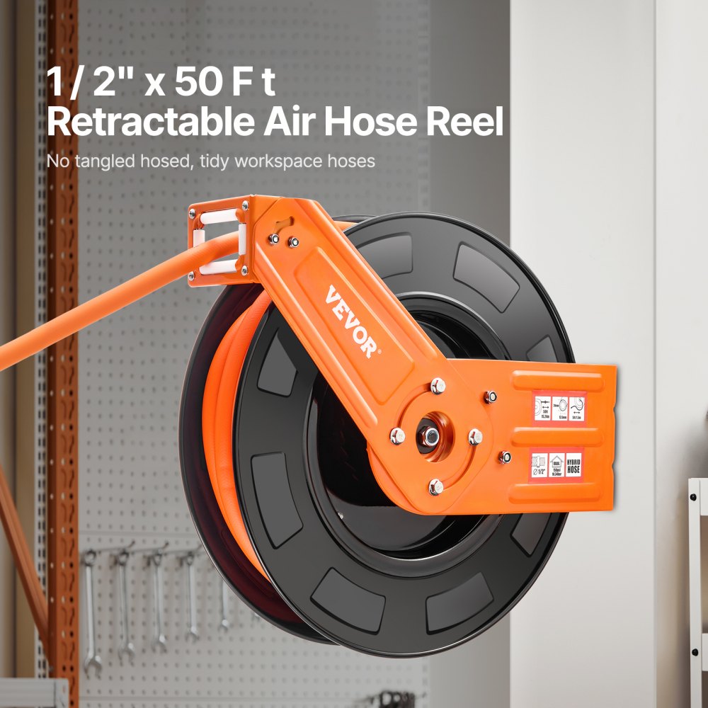 VEVOR Retractable Air Hose Reel 1/2 IN x 50 FT Hybrid Air Hose Reel Max 300 PSI 