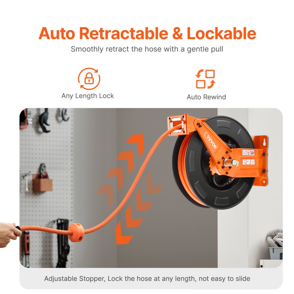 VEVOR Retractable Air Hose Reel 3/8IN x 65FT Hybrid Air Hose with Double Arms 