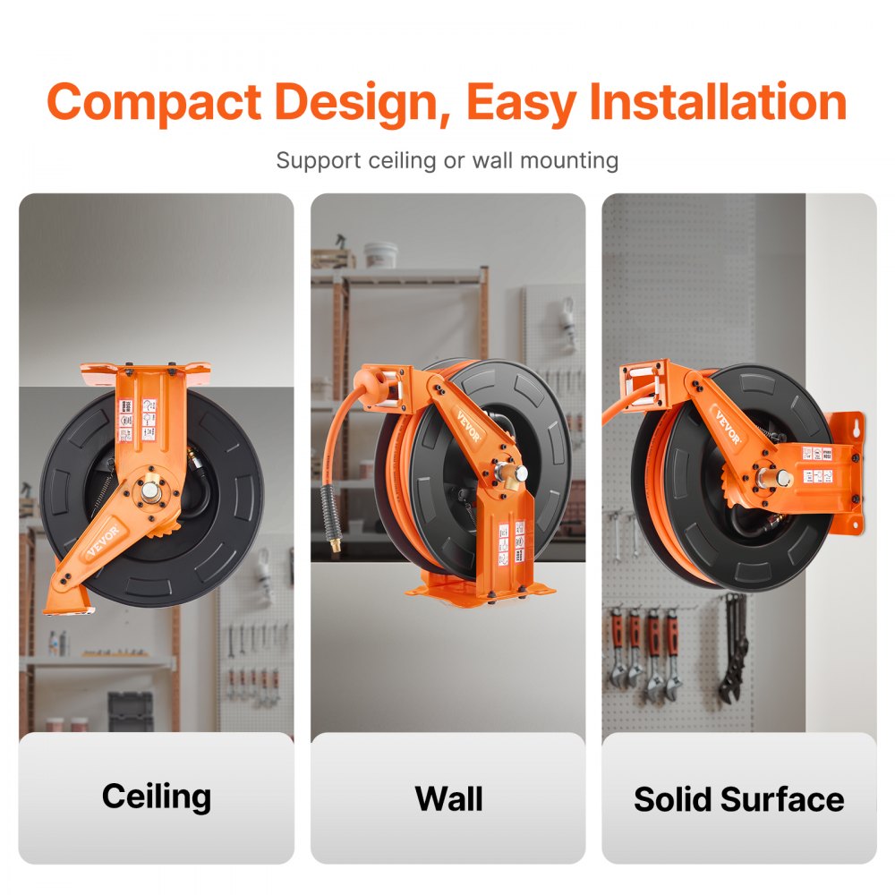 VEVOR Retractable Air Hose Reel 3/8IN x 65FT Hybrid Air Hose with Double Arms 